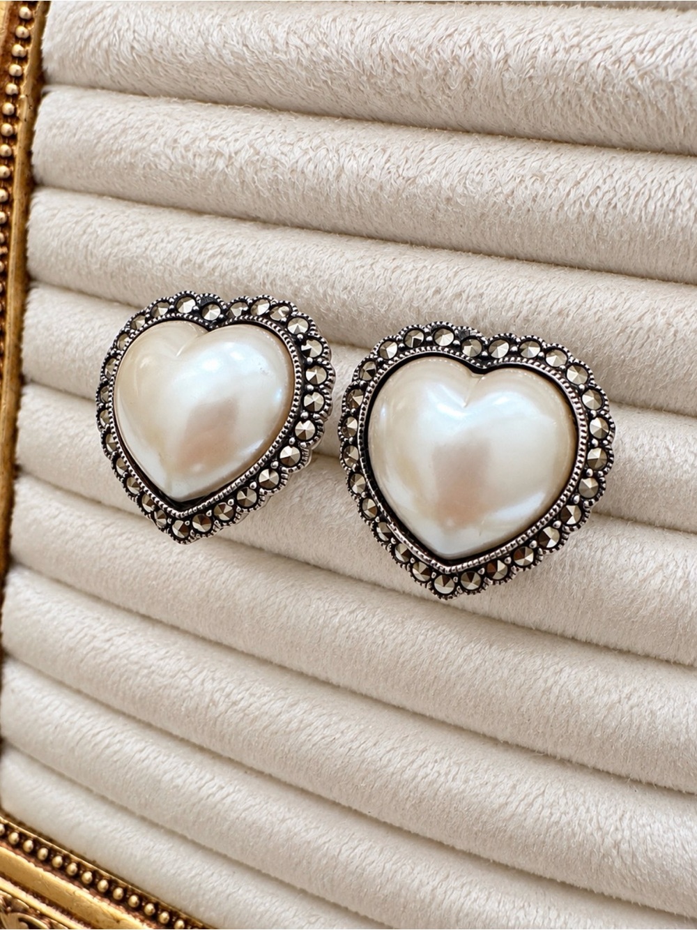 Judith Jack Sterling Silver Marcasite & Faux Mabe Pearl Heart Omega Back